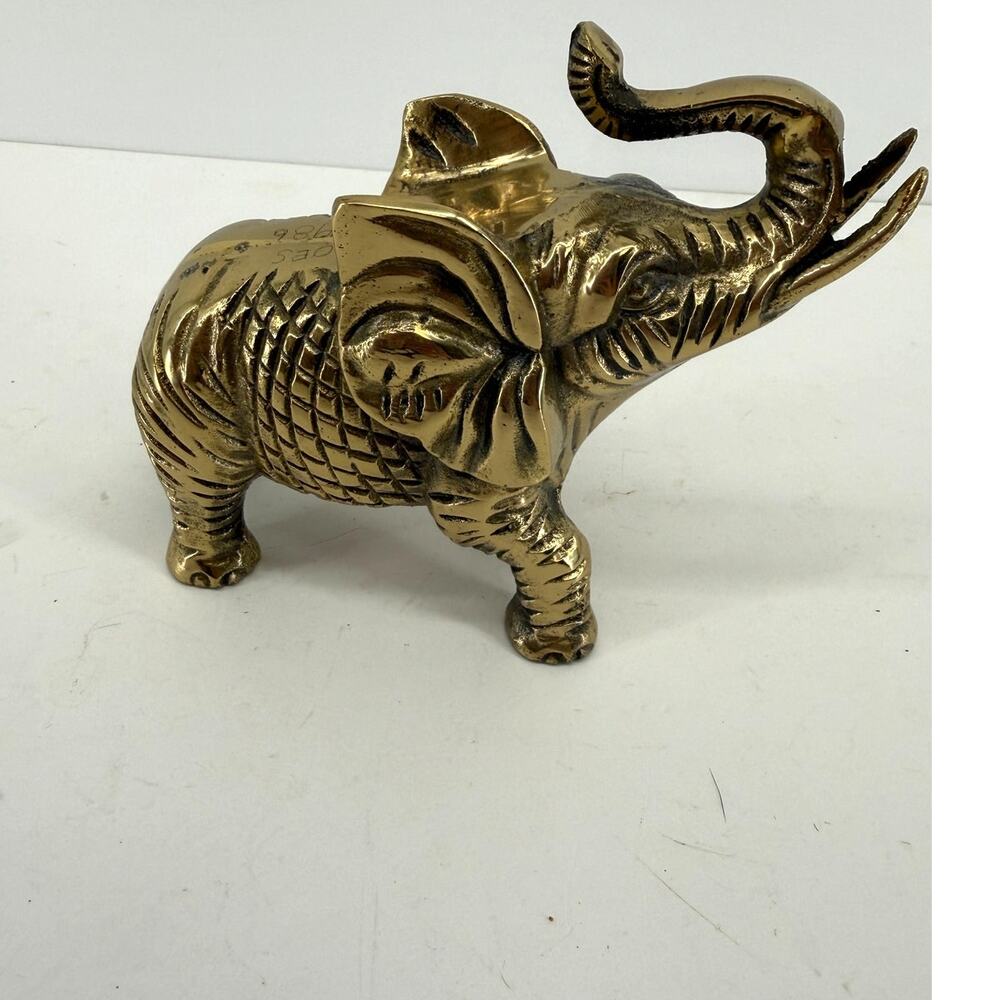 Brass Elephant Figurine Raised Trunk Detailed Lucky Home Decor Sculpture 4x5